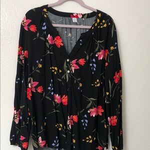 Black Floral Long-Sleeve Button-Front Blouse